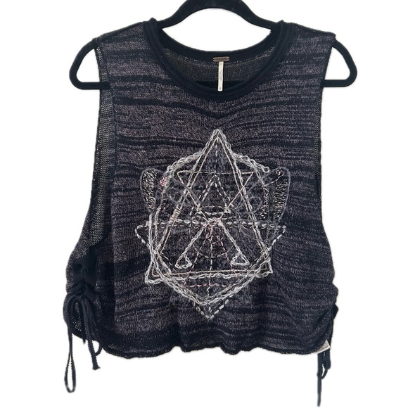 Free People Zodiac Graphic embroidered knit tank lace up boho grunge size small - Picture 3 of 11